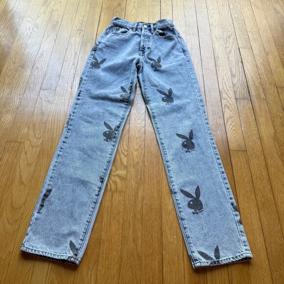 Playboy x PacSun Size 23 Women's Medium Wash 90s Boyfriend Bunny Print Jeans - Picture 3 of 15